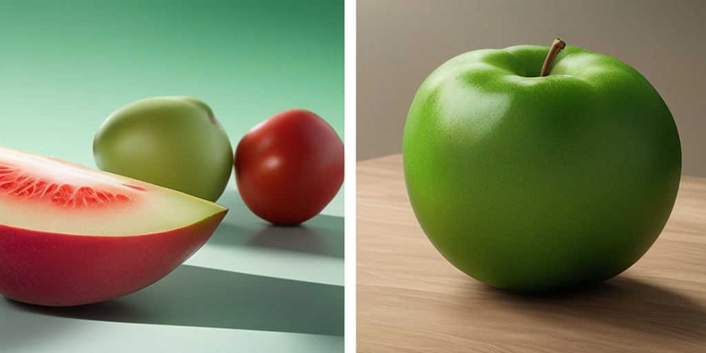 Split-screen comparison of vibrant organic food vs dull non-organic counterpart, highlighting differences in texture and color.