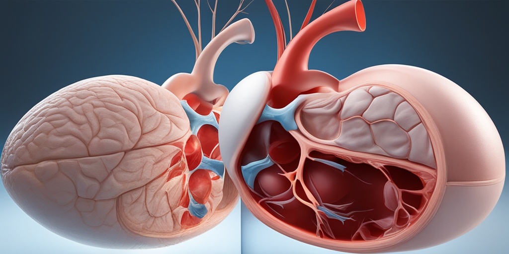 Split-screen image depicting complications of Tuberous Sclerosis, including kidney tumors, heart problems, and lung disease.