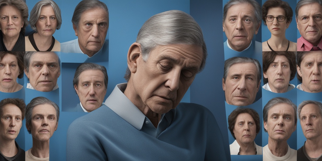 Split-screen image illustrating various symptoms of Jakob-Creutzfeldt Disease against subtle blue background