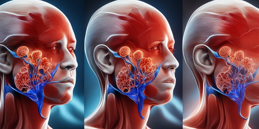 Split-screen image of healthy and infected lymph nodes, with subtle animations and cinematic lighting.