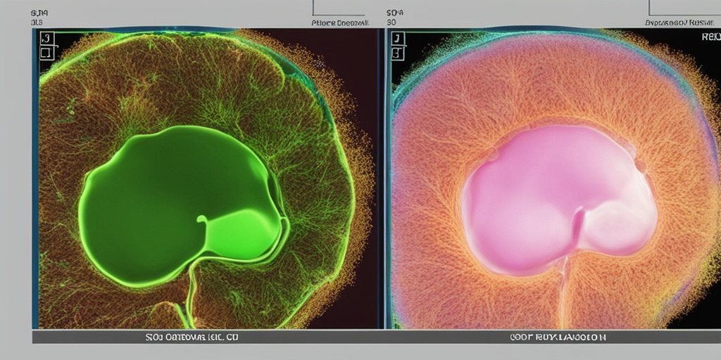 Split-screen image of healthy brain cell and brain cell affected by Isoleucine 33 Amyloidosis