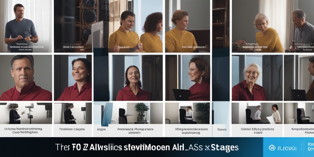 Split-screen image showing progression of ALS symptoms and stages from early to end-stage.