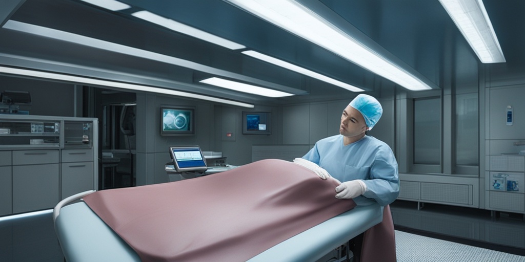 Surgeon performing colectomy procedure in operating room, subtle blue background, focused expression.