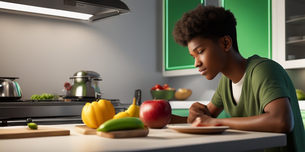 Teen boy preparing a healthy meal in a kitchen, surrounded by fresh fruits and vegetables, promoting nutrition and diet.