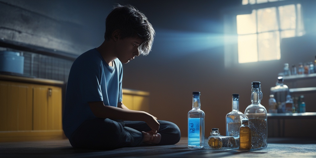 Teen boy sitting alone in a dark room, surrounded by empty bottles and pills, highlighting the dangers of substance abuse.