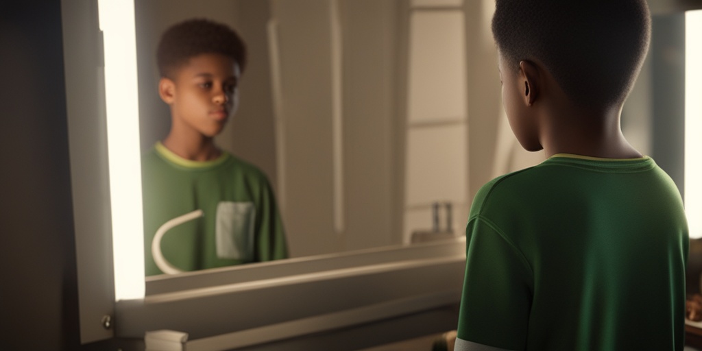 Teen boy standing in front of a mirror, observing physical changes during puberty with curiosity and self-awareness.