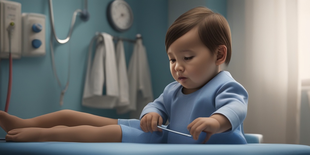 Toddler sitting on doctor's examination table with a blue background, looking up at the doctor.