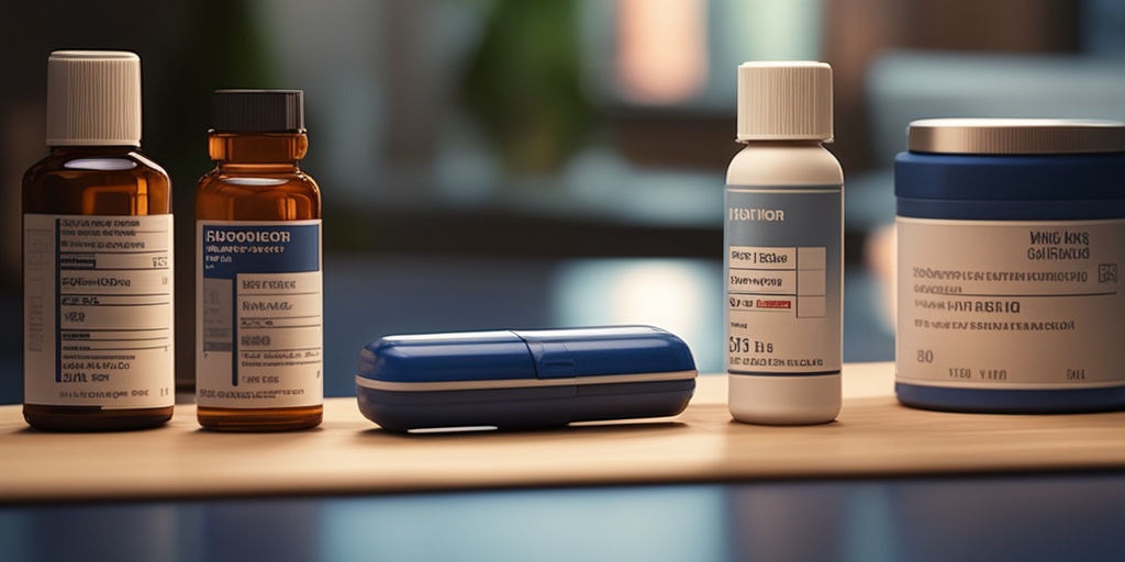 Various hypertension medications arranged on wooden table with subtle blue tone.