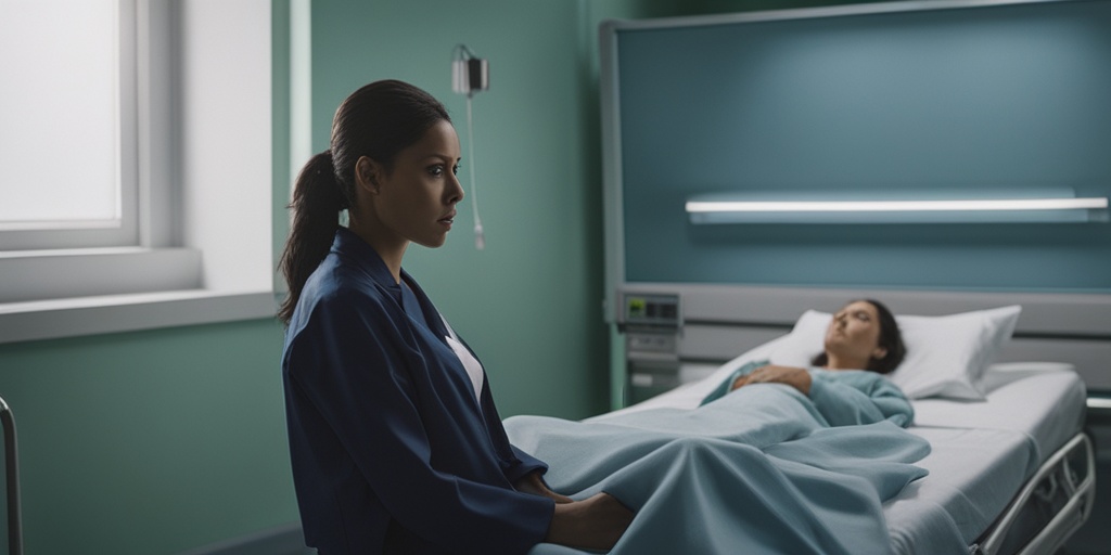 Woman experiencing ectopic pregnancy symptoms sitting on hospital bed with distressed expression