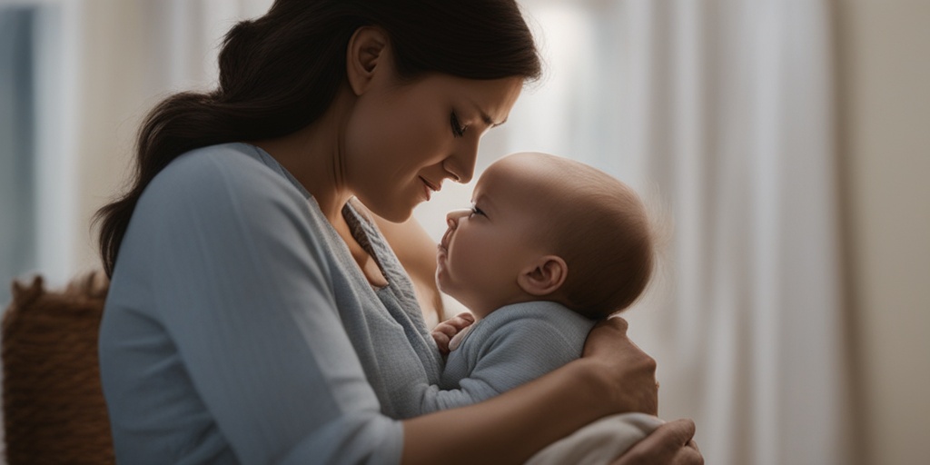 Worried mother holds baby with EHBA, showing emotional toll of the condition.