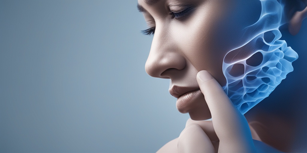 Worried person gently massaging jaw to alleviate TMJ Disorder symptoms in soft blue background.