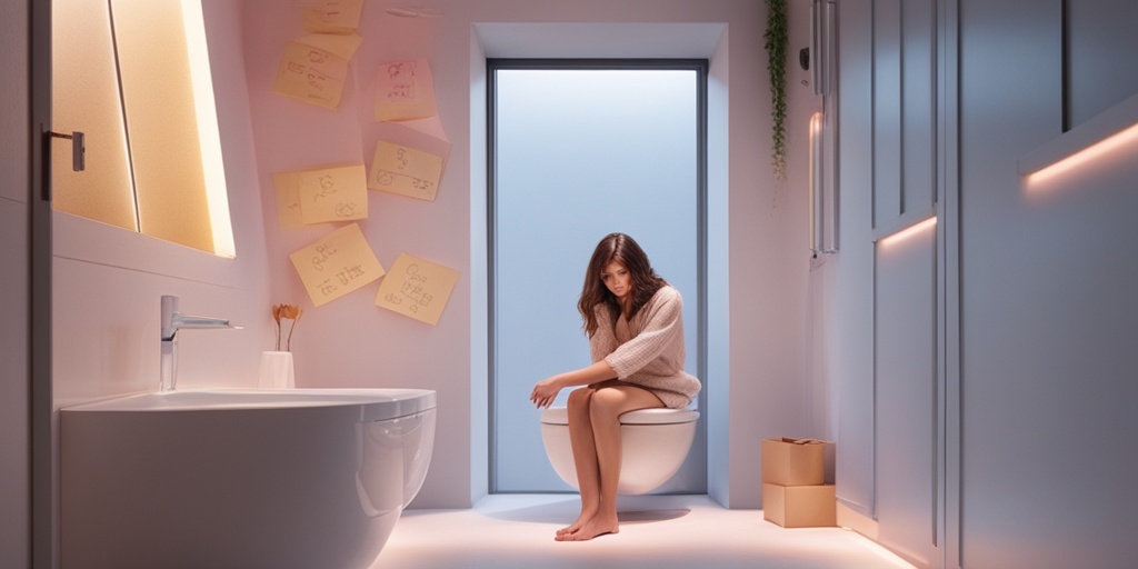 Worried woman on toilet, surrounded by symptoms of vaginal discharge written on sticky notes.