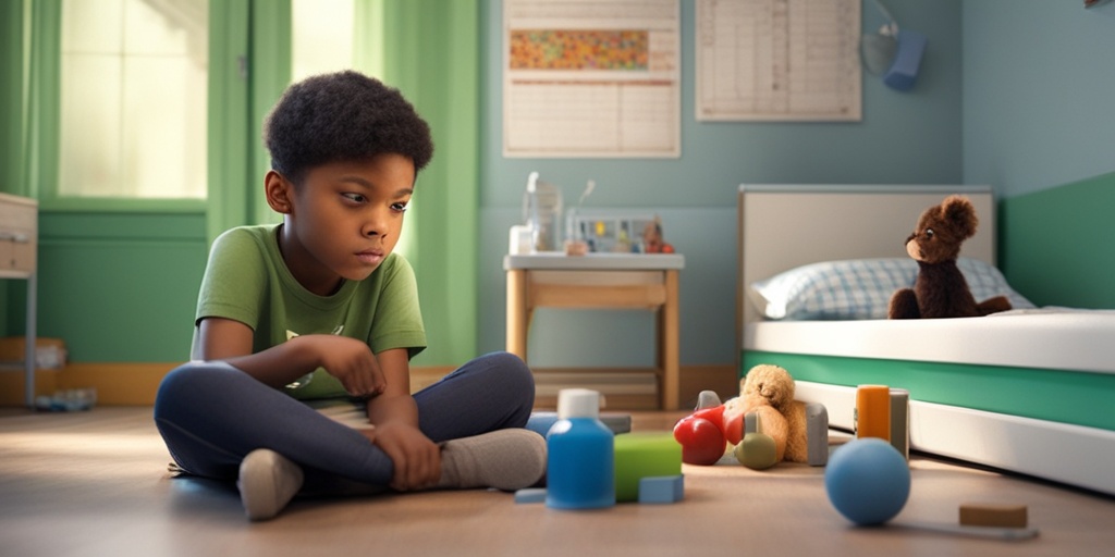 Young boy sitting on a hospital bed, surrounded by toys, showing symptoms of diabetes such as bruises and scratches.