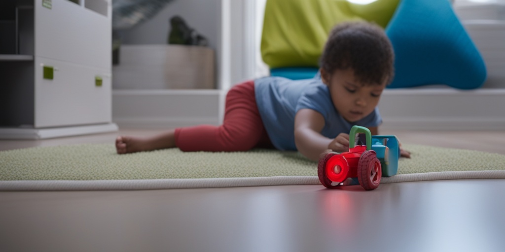 Young child plays with toys on floor, concerned parent checks toy with subtle red warning label in the background.