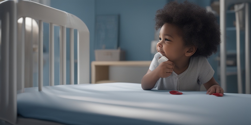 Young child receiving blood transfusion in a hospital setting with subtle blue tone, conveying care and support.