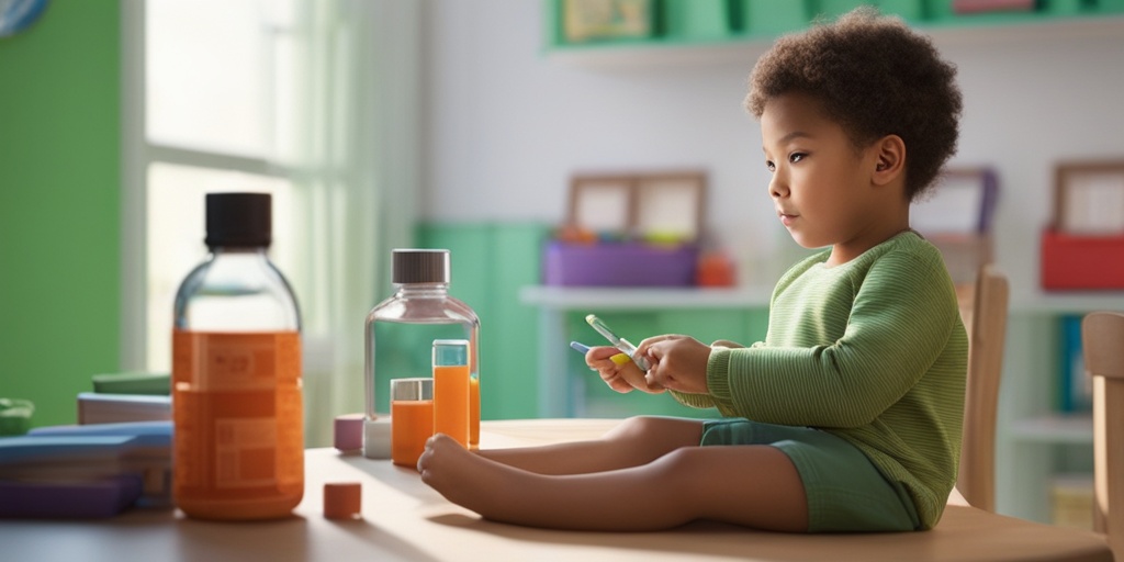 Young child with Type 2 Diabetes sits at a table with various medications, surrounded by a calming green background and hints of blue.