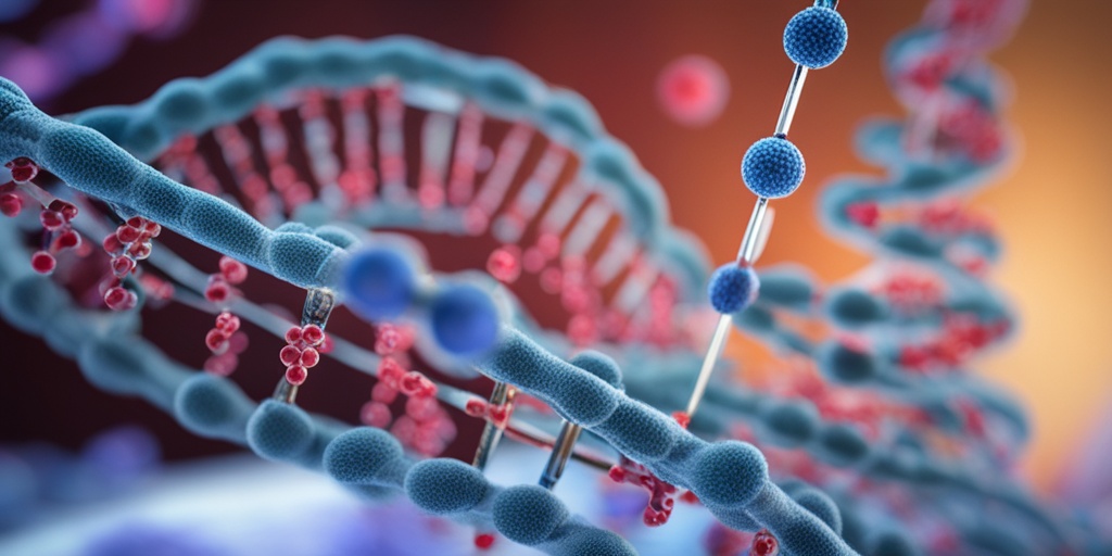 3D model of the human genome focusing on the adenosine deaminase gene with viruses and immune cells in a subtle blue background.