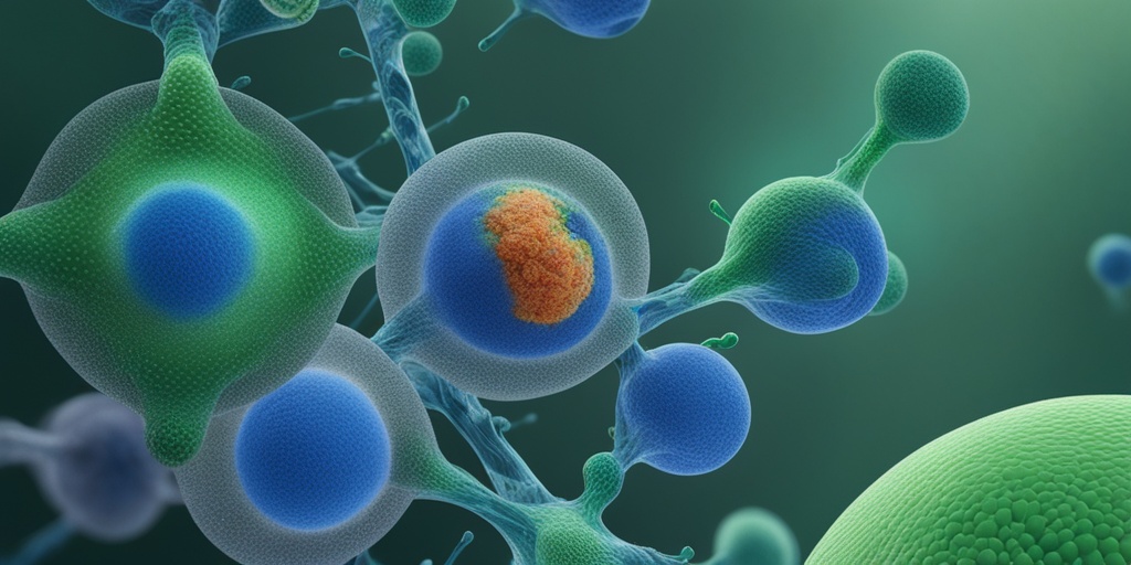 3D model of the human immune system, highlighting inflammatory cells and proteins, and representing genetic and environmental factors.