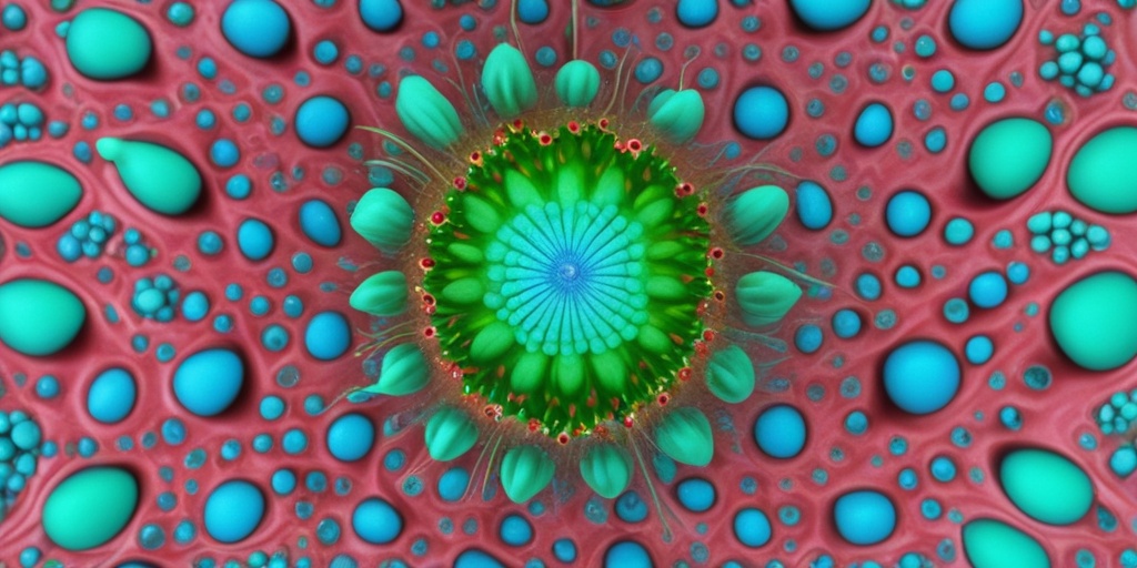 3D render of virus or allergen surrounded by green and blue swirling patterns.