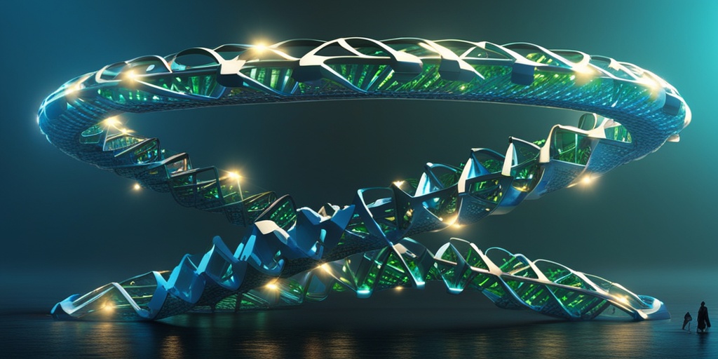 3D rendered DNA double helix structure with subtle blue glow, surrounded by fragmented puzzle pieces and medical files.