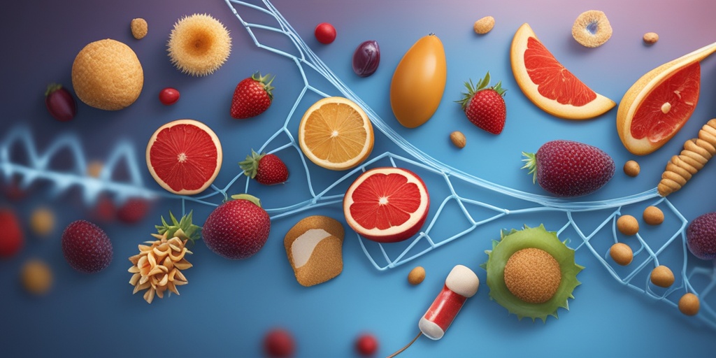 3D-rendered image illustrating food allergy causes and risk factors with abstract symbols against subtle blue background.