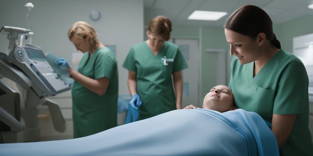 3D-rendered image illustrating three stages of childbirth with subtle blue and green color palette.