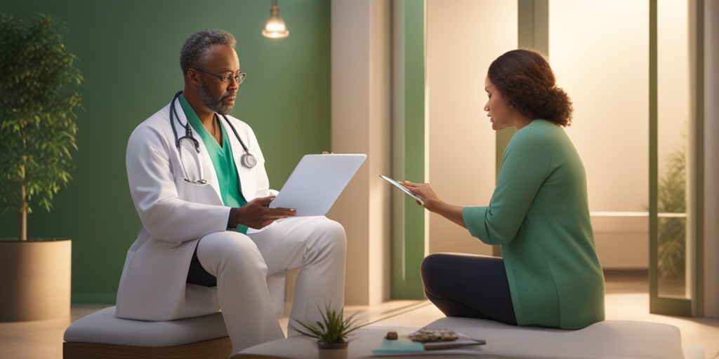 A doctor discussing Carcinoid Apudoma treatment options with a patient, holding a tablet with a 3D model of the tumor, in a calming atmosphere.