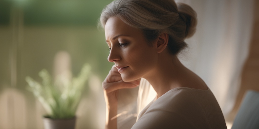 A person clutching their abdomen in discomfort, experiencing Carcinoid Apudoma symptoms, with a soft natural lighting and warm color palette.