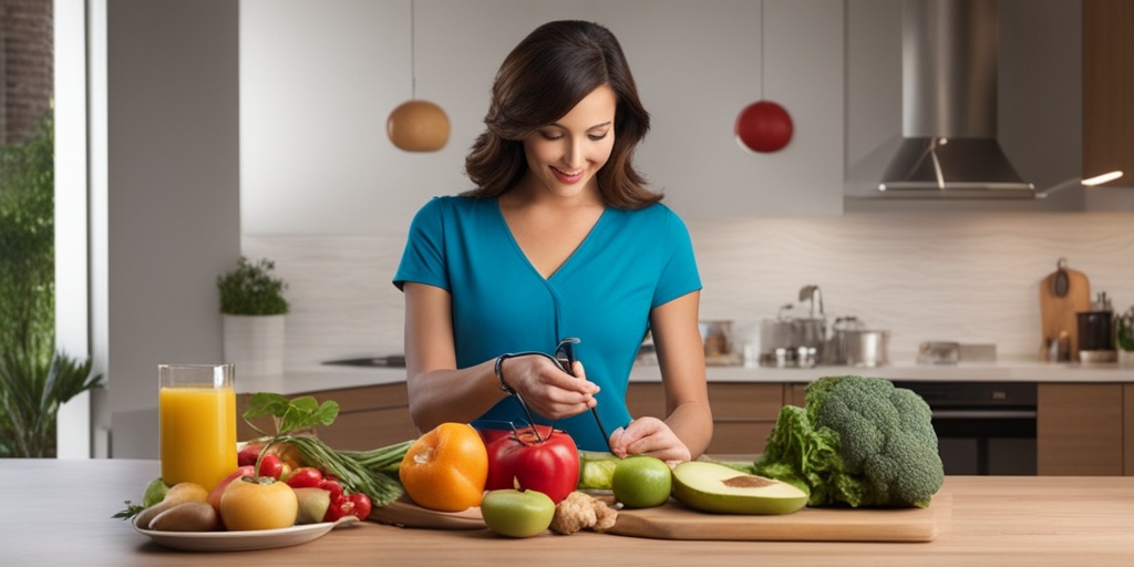 A person taking their blood pressure reading surrounded by healthy foods and a calm atmosphere.