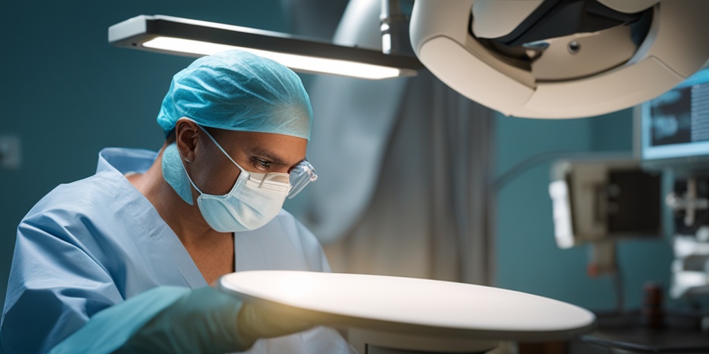 A surgeon performing a laparoscopic surgery for Carcinoid Apudoma treatment, with a clear view of the tumor and surrounding tissues, in a precise and caring environment.