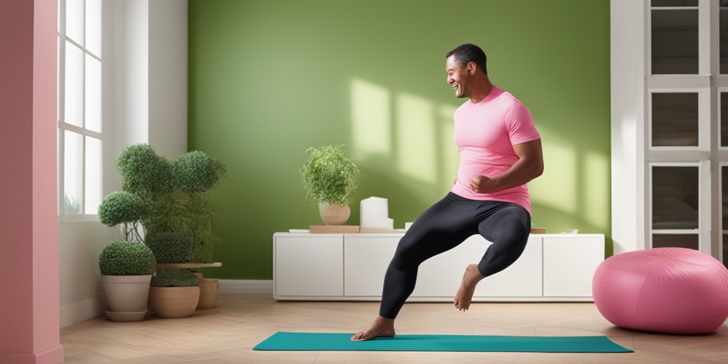 Active man in his 40s engaging in healthy activities, surrounded by healthy food options and a clean living space, promoting lifestyle changes for breast cancer prevention.