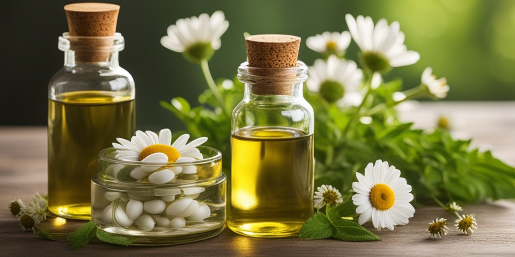 Beautifully arranged still life with chamomile essential oil bottles, flowers, and aromatherapy accessories, exuding relaxation and tranquility.