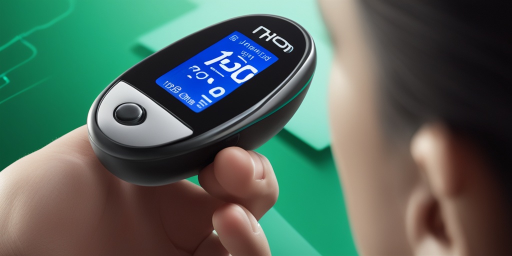 Calm person looking at blood glucose meter with confident expression against soft green background with abstract symbols.