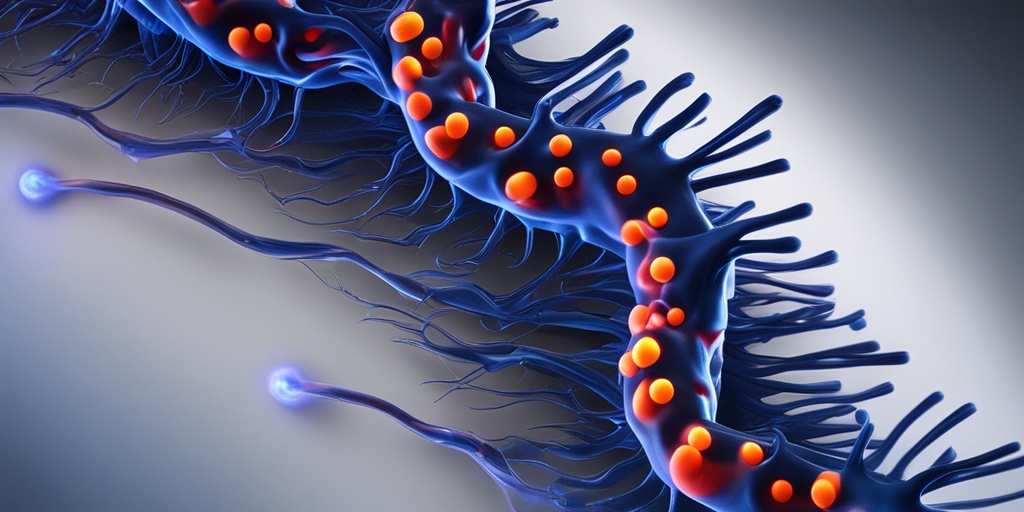 Capsaicin molecules bind to TRPV1 receptor in a 3D rendered neuron, triggering a response in a dark blue background.