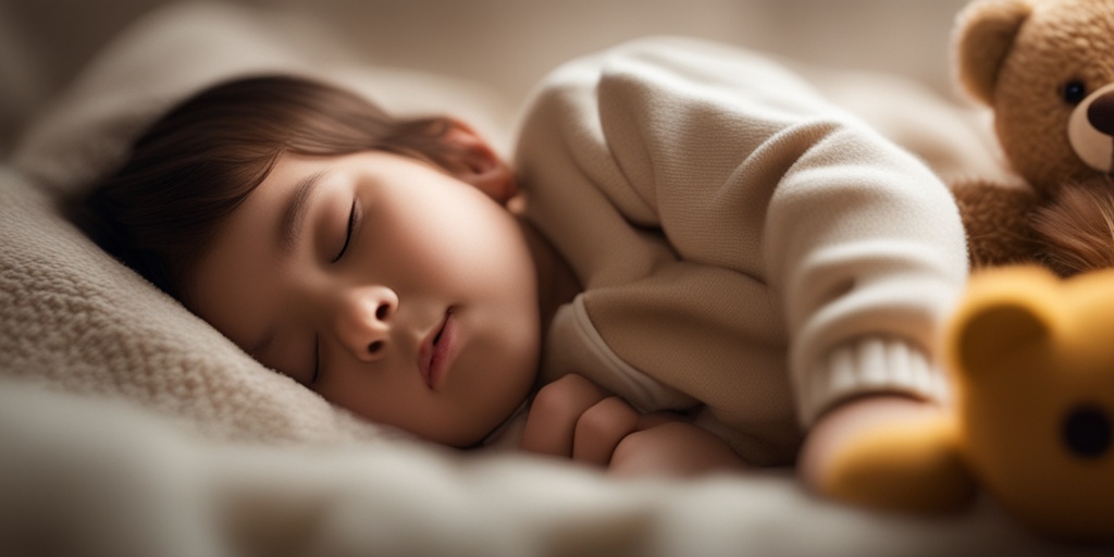 Child sleeping with a hint of distress, surrounded by toys and stuffed animals, subtly hinting at sleep apnea.