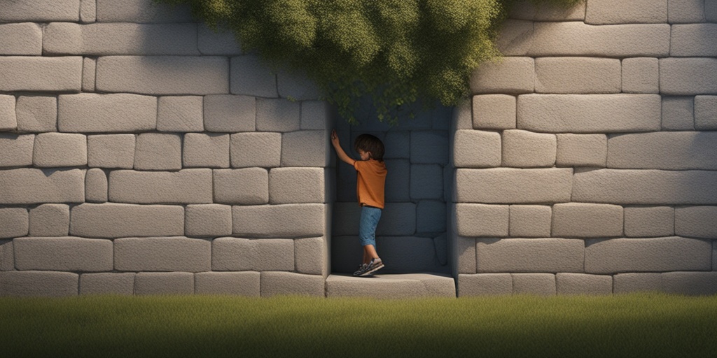 Child standing in front of large stone wall with small crack, symbolizing growth and resilience.