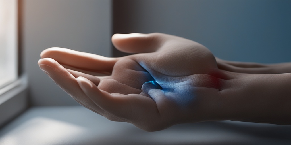 Close-up of person's hand showing signs of inflammation, redness, and swelling, with subtle hints of blue.