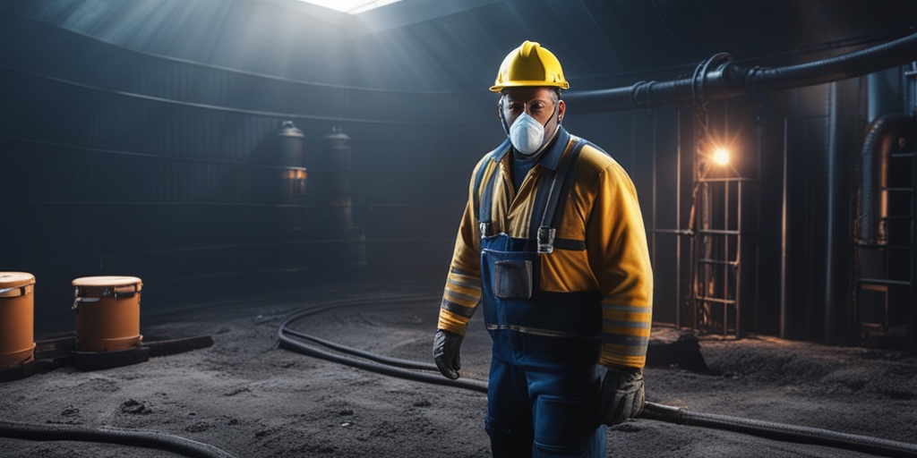 Coal miner wearing a respirator standing in a well-ventilated area with safety equipment