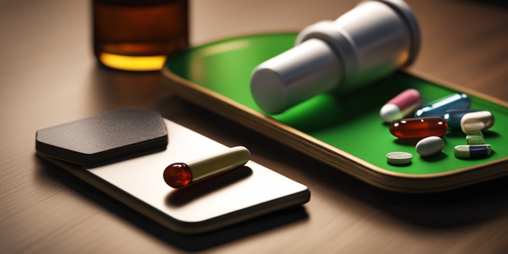 Collection of commonly abused drugs among teens on a worn wooden table with warning signs