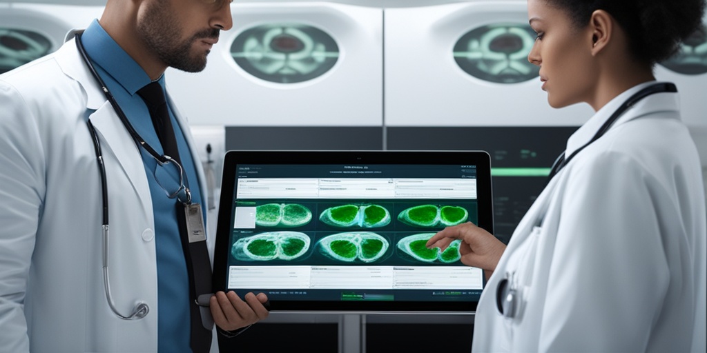 Concerned doctor standing in front of a large screen displaying a CT scan of the lungs