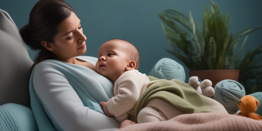 Concerned mother holding infant with HLHS symptoms on a couch surrounded by toys and blankets.