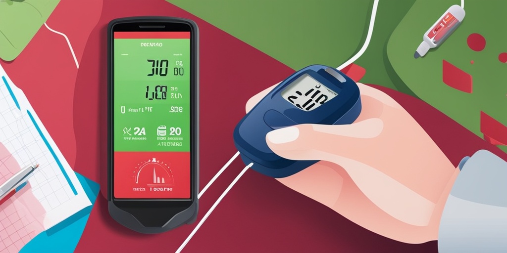 Concerned person holding blood glucose meter with scattered papers and graphs in foreground against soft blue background.