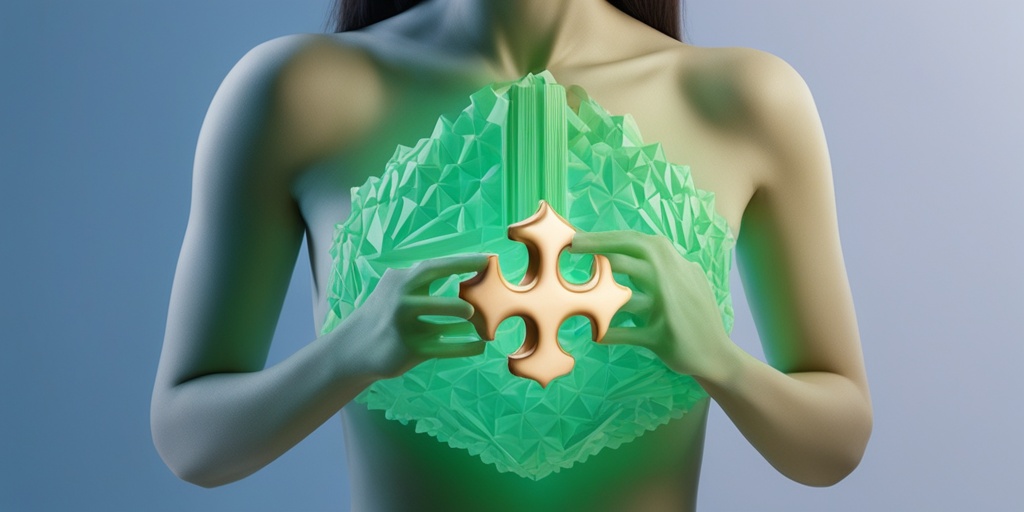 Concerned woman holding puzzle piece with thyroid gland illustration on subtle green background.