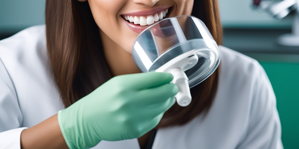 Dentist examining patient's teeth with medical tools and equipment, with bright and clinical lighting.