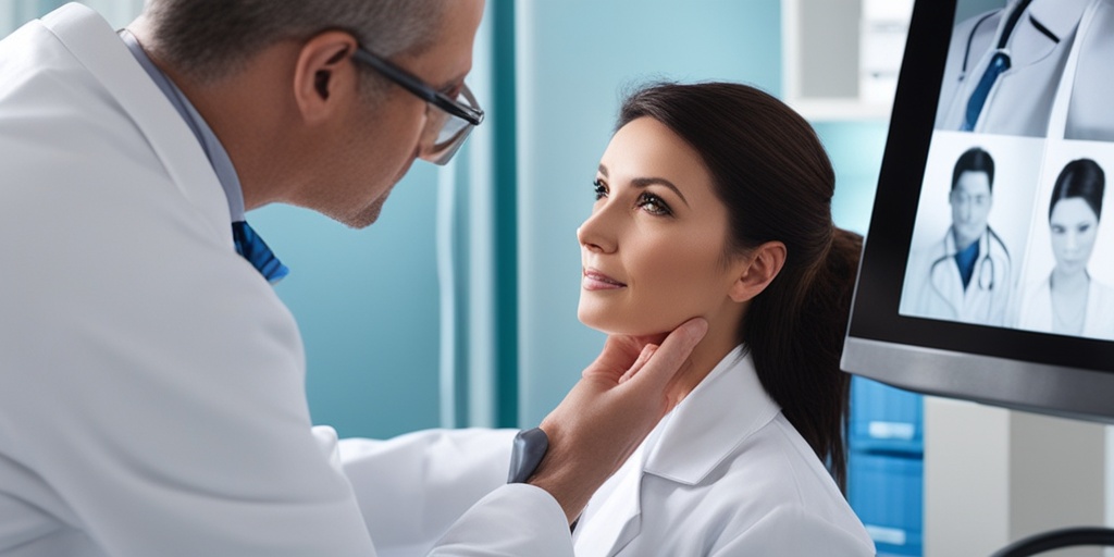 Dermatologist examining patient's skin for basal cell carcinoma through dermatoscope, with concerned expression.