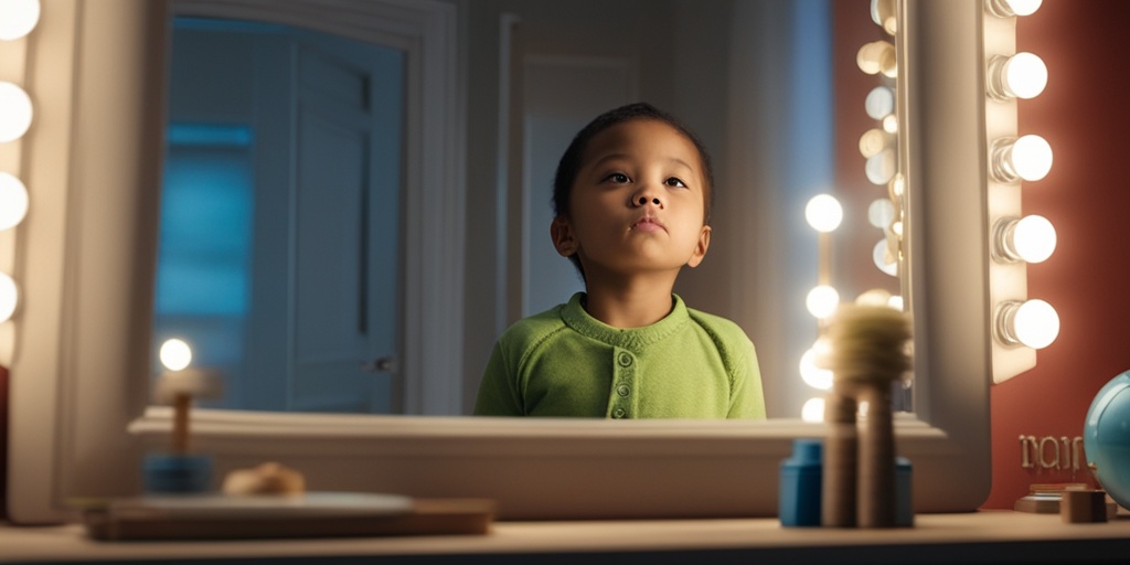 Determined child standing in front of mirror, holding reward chart, with motivational posters on subtle blue background.