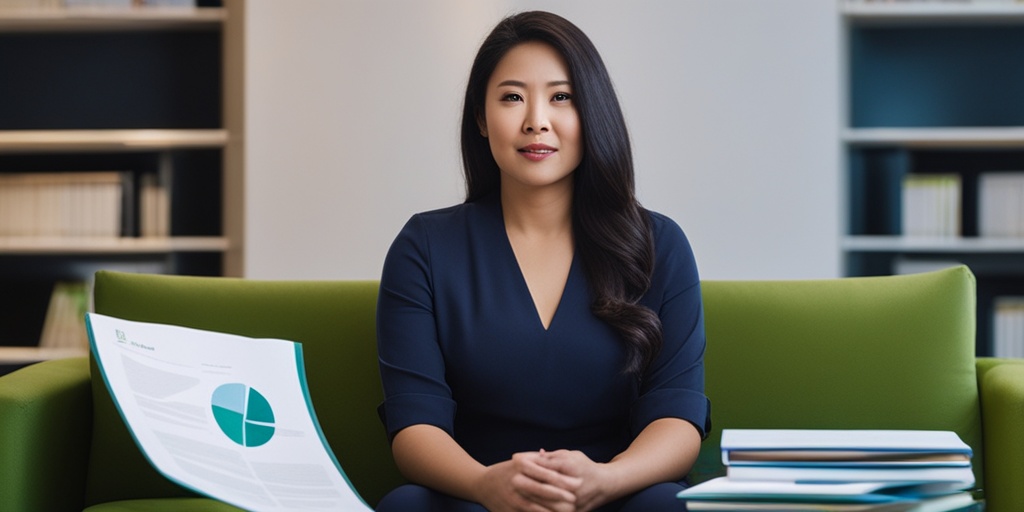 Determined woman surrounded by medical files and books on a couch with a soft blue background and green accents.