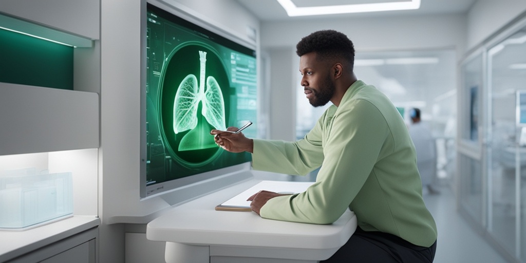 Doctor and patient discussing treatment options in a modern hospital room with a calming white background and green accents.