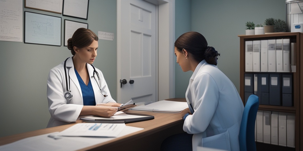 Doctor and patient in clinical setting discussing Chronic Fatigue Syndrome diagnosis with medical equipment and props.