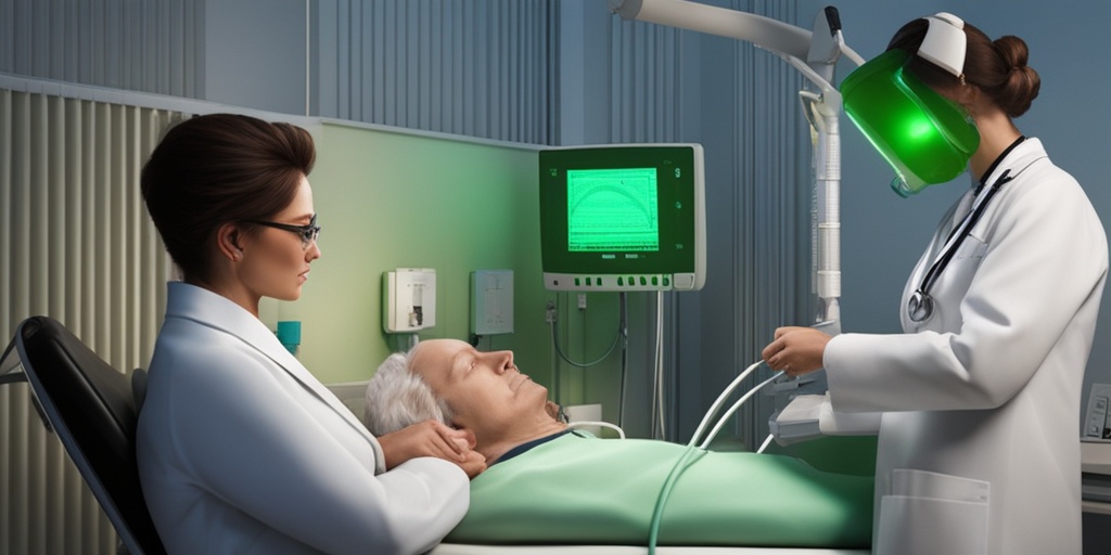 Doctor conducting a sleep study on a patient in a clinical setting with medical equipment.